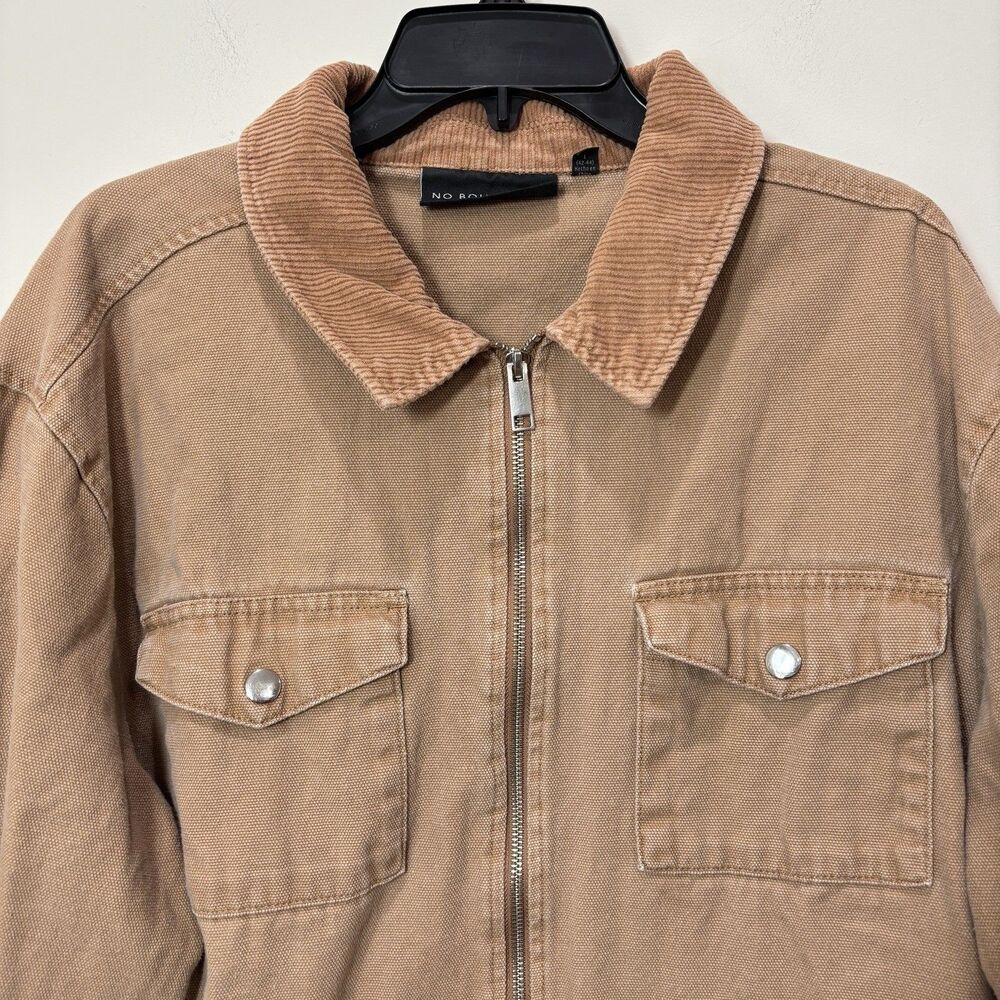 NO BOUNDARIES Tan Canvas Corduroy Collar Zip Up Jacket Men L Workwear Utility - Picture 2 of 9